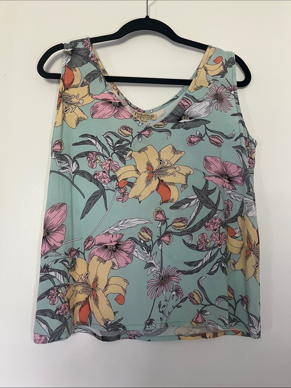 Pineapples Clothing Mint Green Floral Tank Top V-Neck Sleeveless Blouse